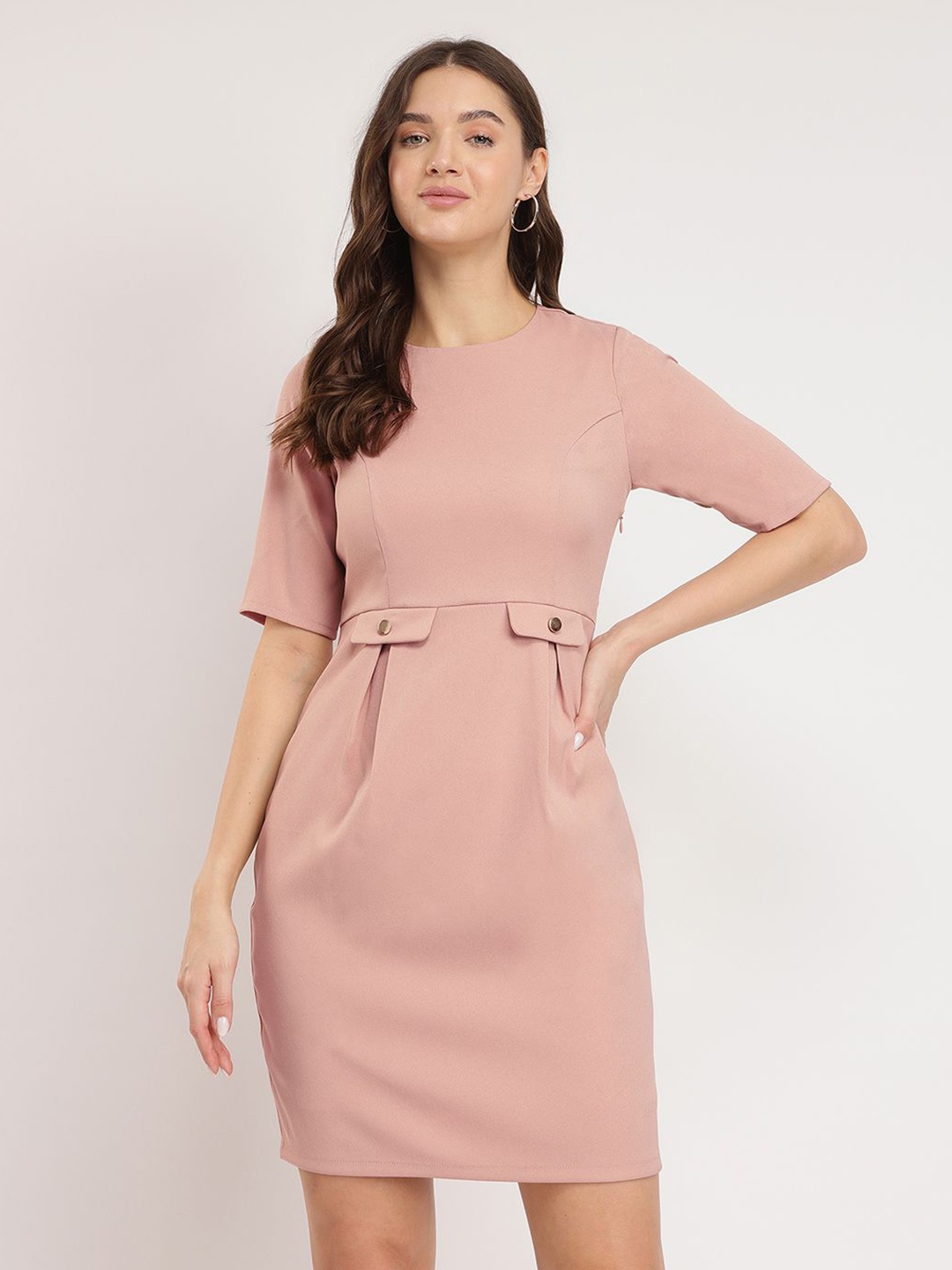 

FableStreet Sheath Pleated Detail Dress Pink, Peach