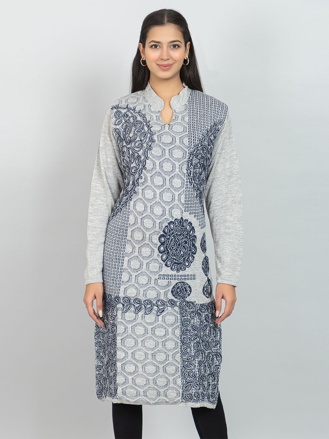 

Wool's Kart Ethnic Motifs Printed Woolen Mandarin Collar Straight Kurta, Grey