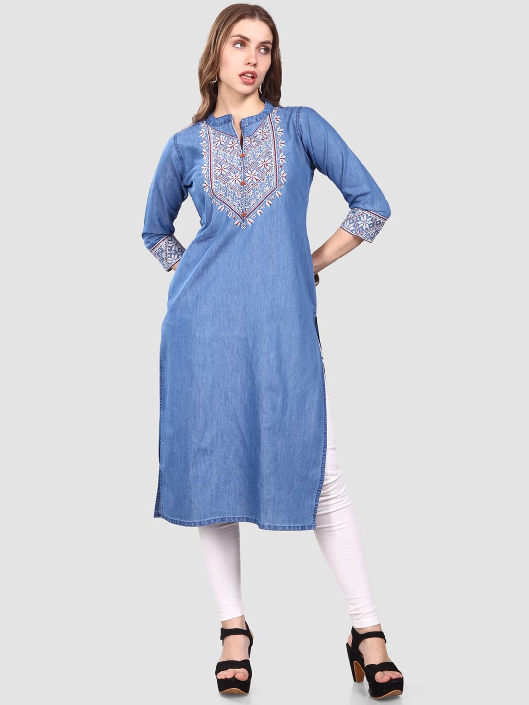 

SK Creation Women Ethnic Motifs Embroidered Thread Work Floral Denim Kurta, Blue