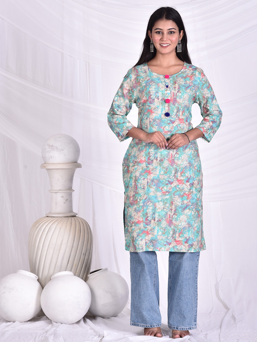 

Rashmi Shree Creation Abstract Printed Round Neck Straight Kurta, Blue