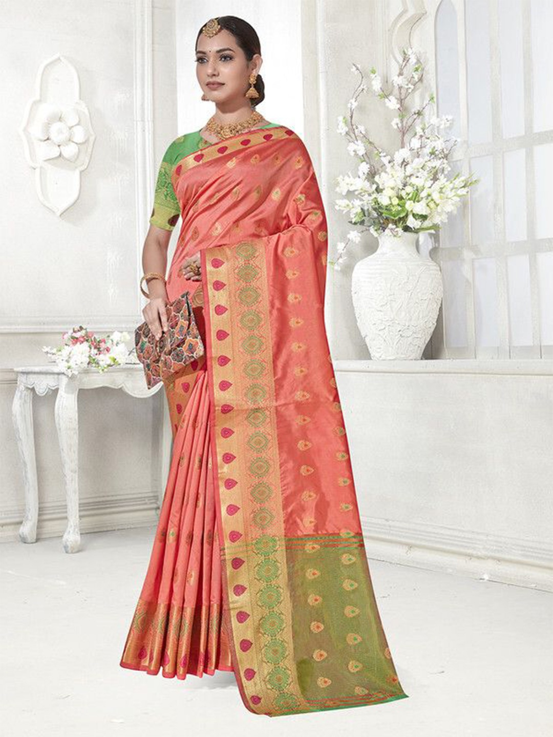 

sagarika Woven Design Zari Chanderi Saree, Peach