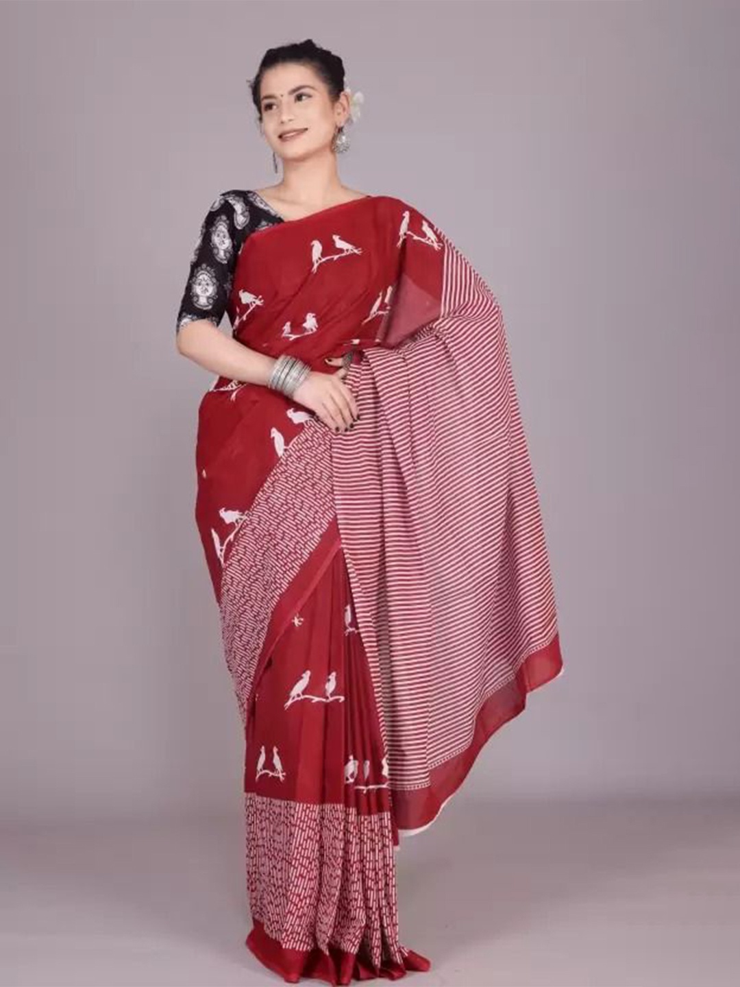 

Craft Musium Ethnic Motifs Pure Cotton Bagru Saree, Maroon