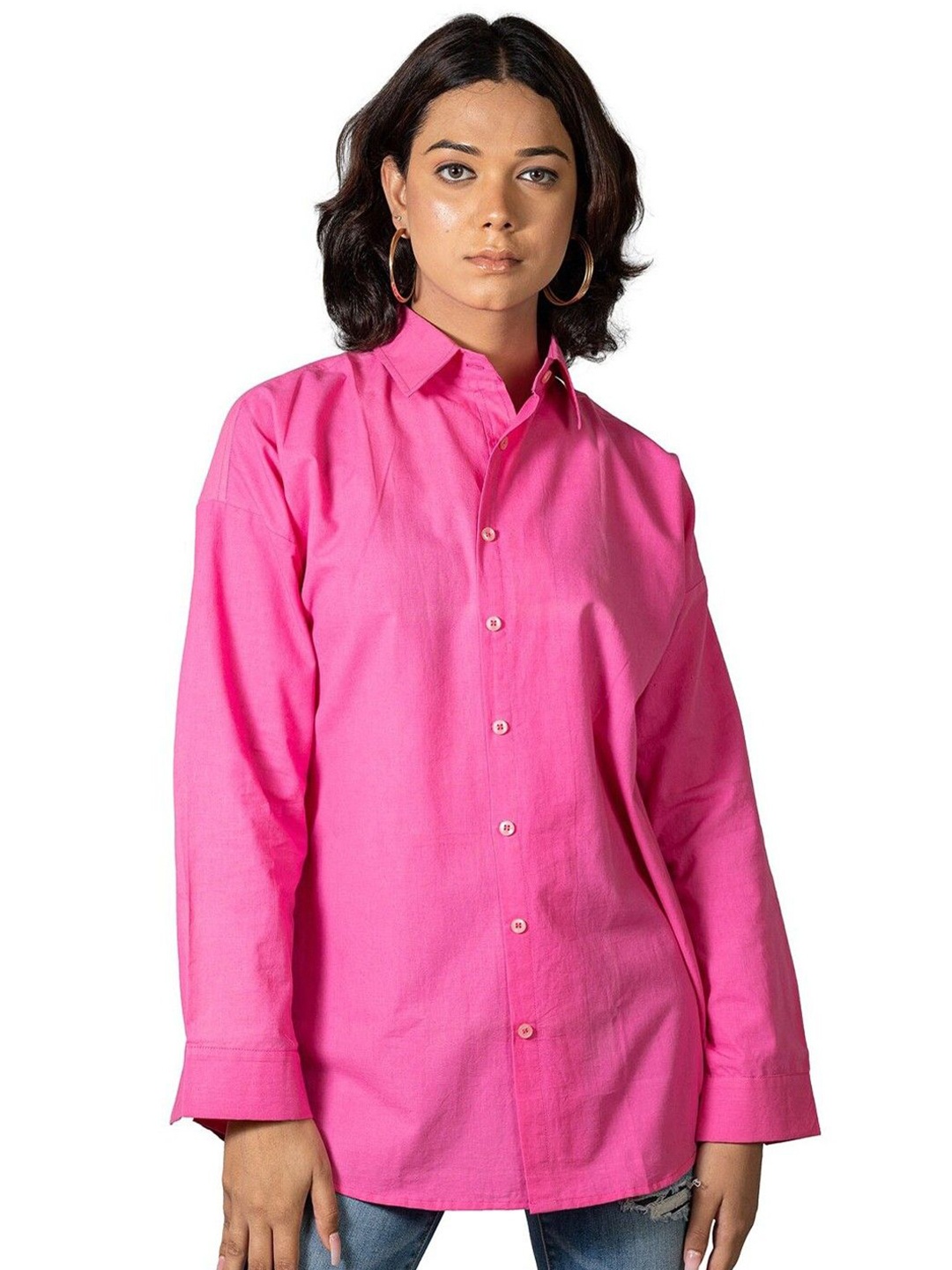 

WHY SO FAB Women Comfort Oversized Fit Spread Collar Solid Cotton Casual Shirt, Pink