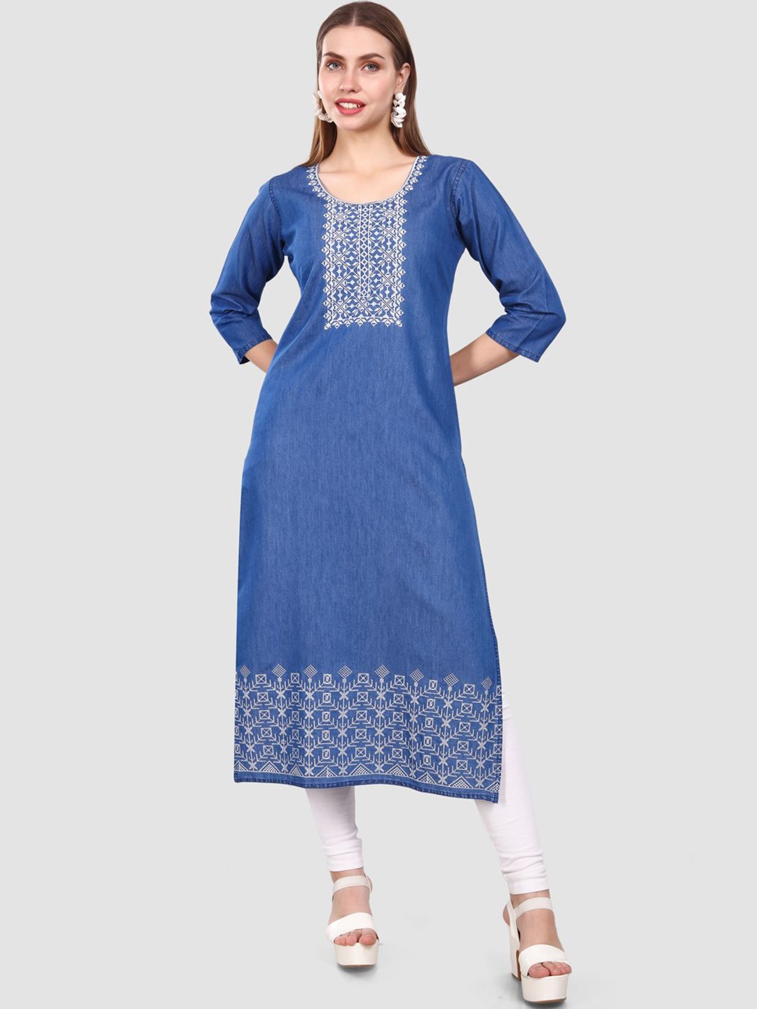 

SK Creation Ethnic Motifs Embroidered Round Neck Denim Straight Kurta, Blue