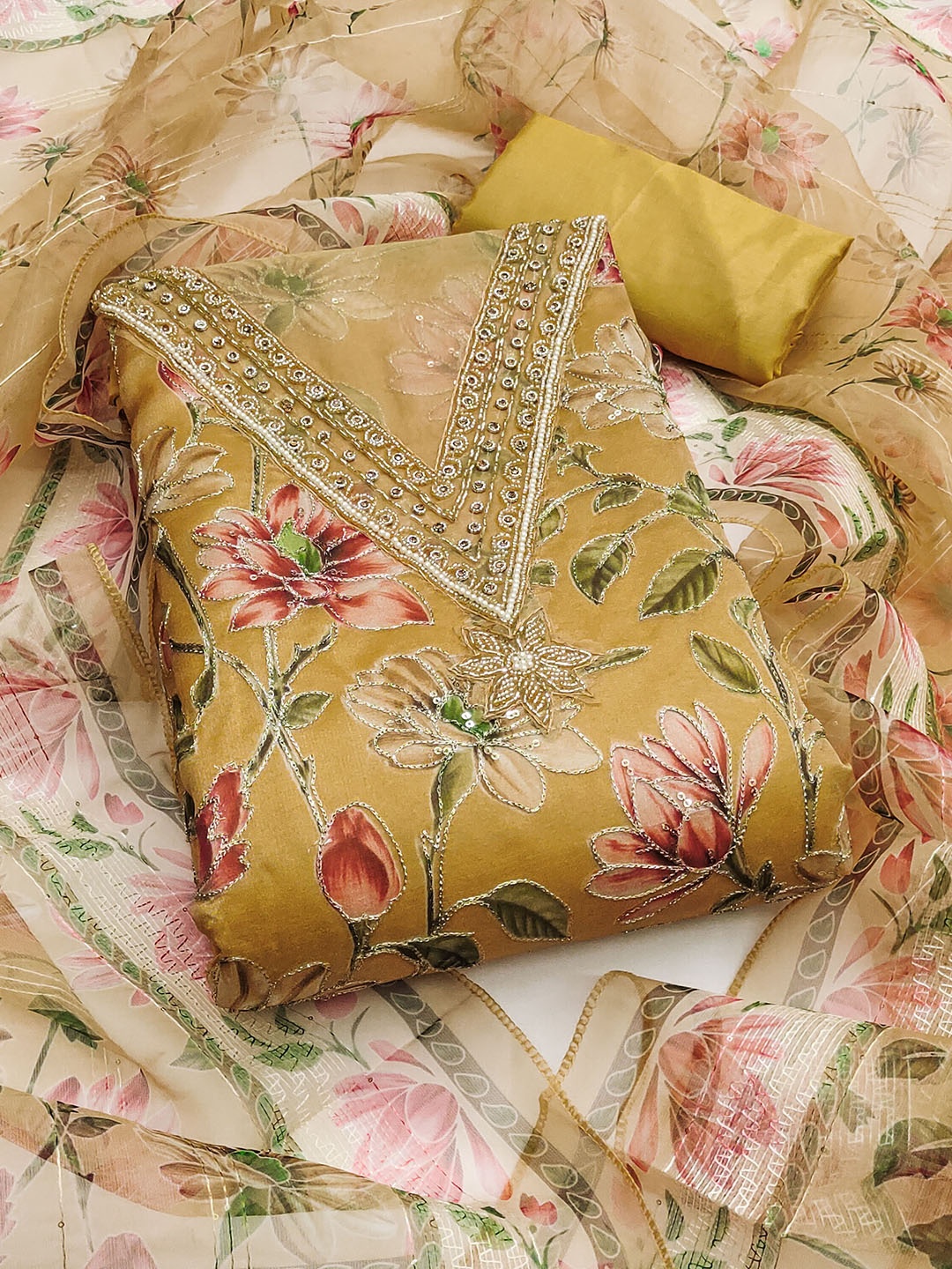 

HERE&NOW Floral Embellished Organza Unstitched Dress Material, Yellow