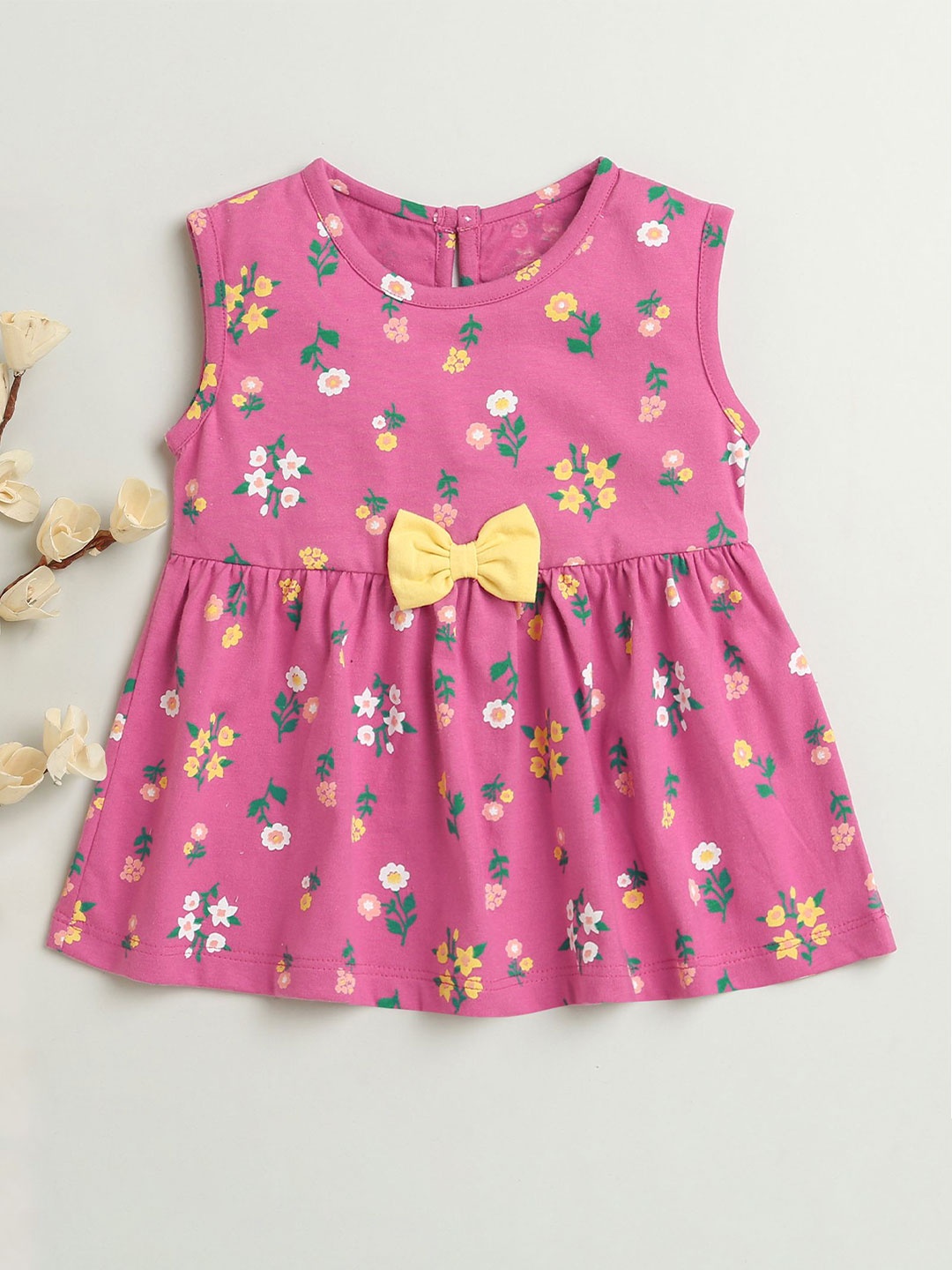 

BUMZEE Girls Floral Printed Cotton A-Line Dress, Magenta