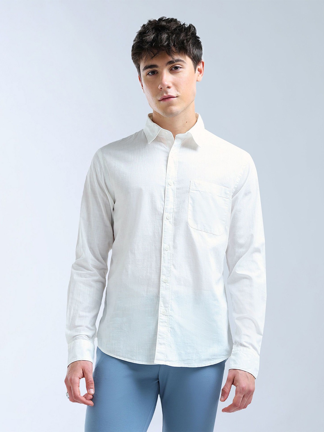 

Flying Machine Slim Fit Twill Weave Spread Collar Pure Cotton Casual Shirt, White