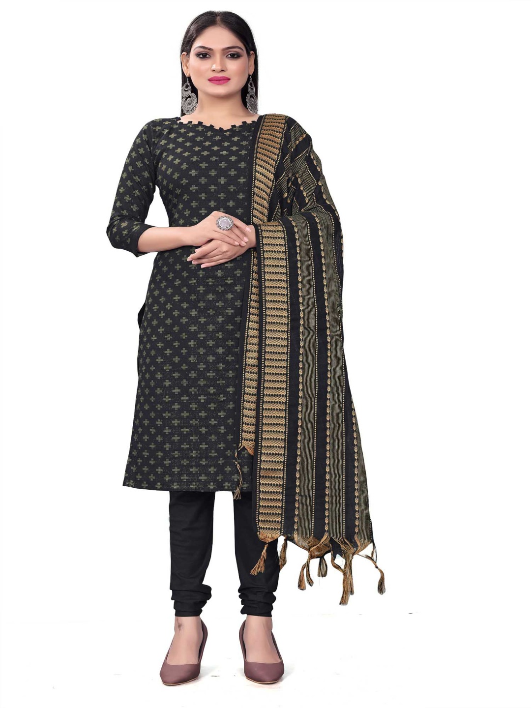 

Aika Geometric Printed Pure Cotton Unstitched Dress Material, Black