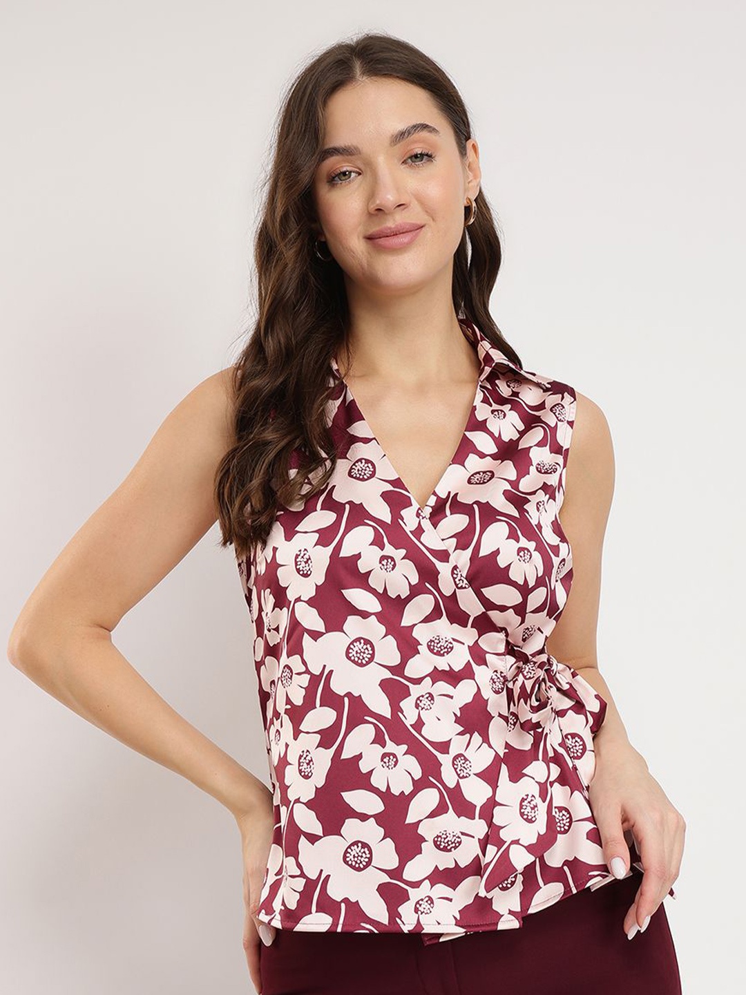 

FableStreet Floral Print Satin Top, Burgundy