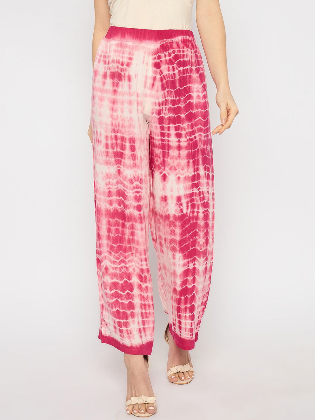 

Novio Women Tie and Dye Printed Flared Palazzos, Fuchsia