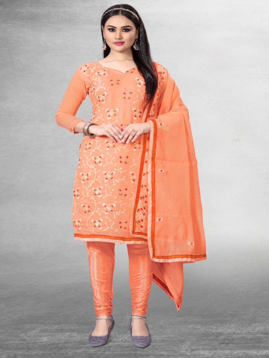 

Aika Floral Embroidered Chanderi Unstitched Dress Material, Orange