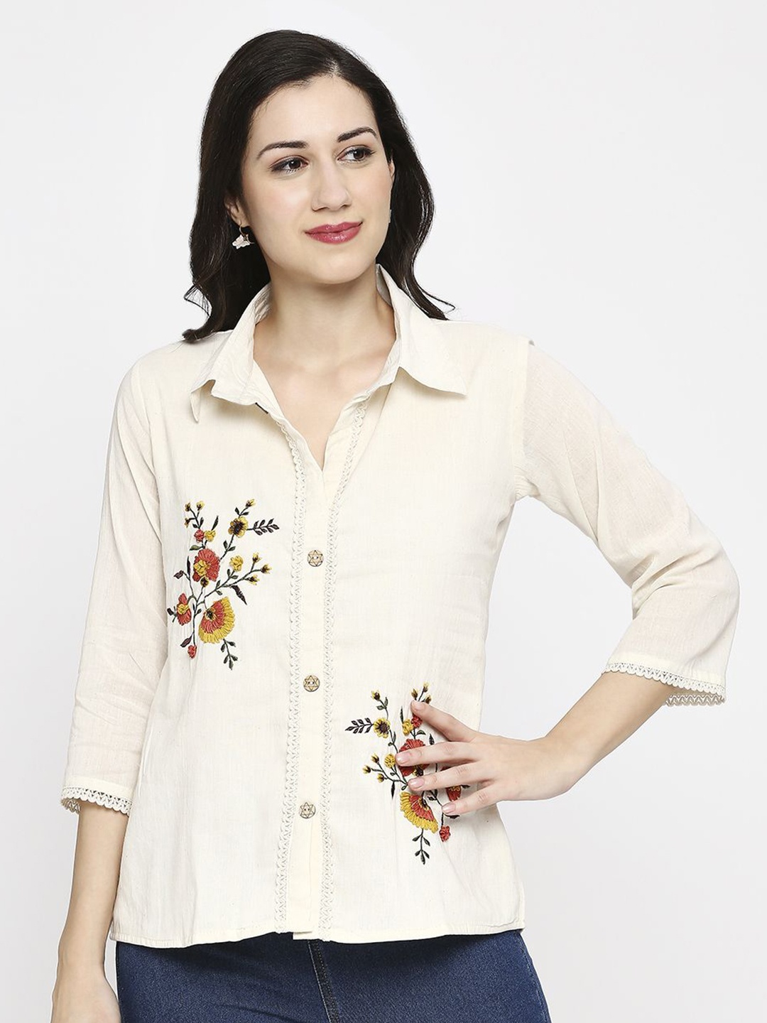 

Hitarth Fashion Women Floral Embroidered Lace Casual Khadi Shirt, Off white