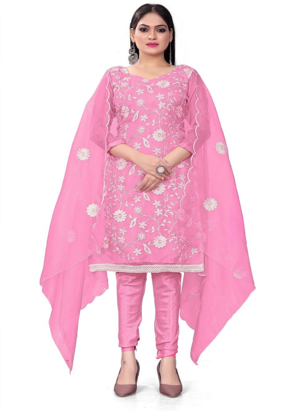 

Aika Floral Printed Organza Unstitched Dress Material, Pink