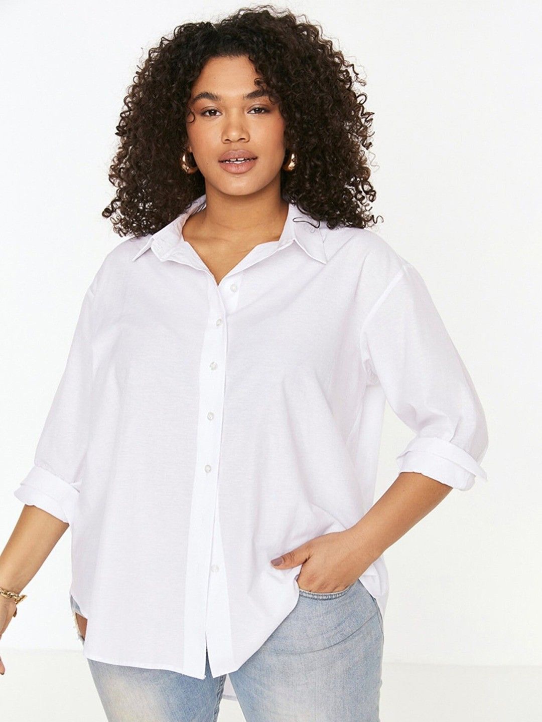 

WHY SO FAB Women Comfort Oversized Fit Spread Collar Solid Cotton Casual Shirt, White