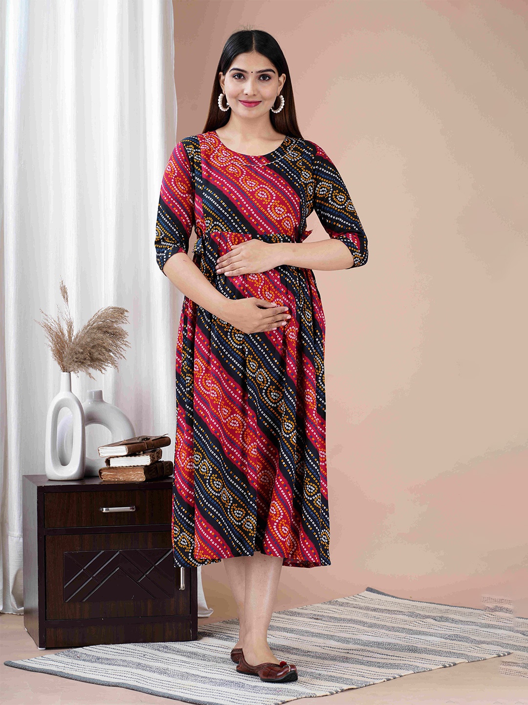 

mad fury Women Ethnic Motifs Printed Maternity Cotton Fit & Flare Midi Dress, Red