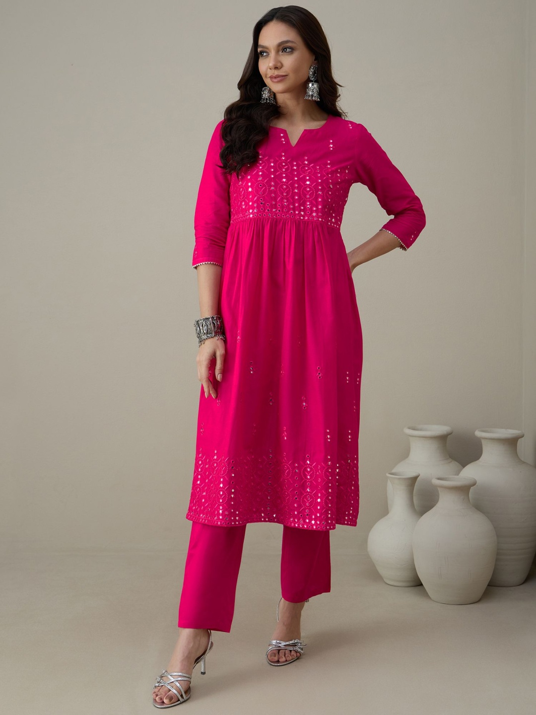 

House of Pataudi Embroidered Mirror Work Notch Neck Pure Cotton A-Line Kurta With Trouser, Pink