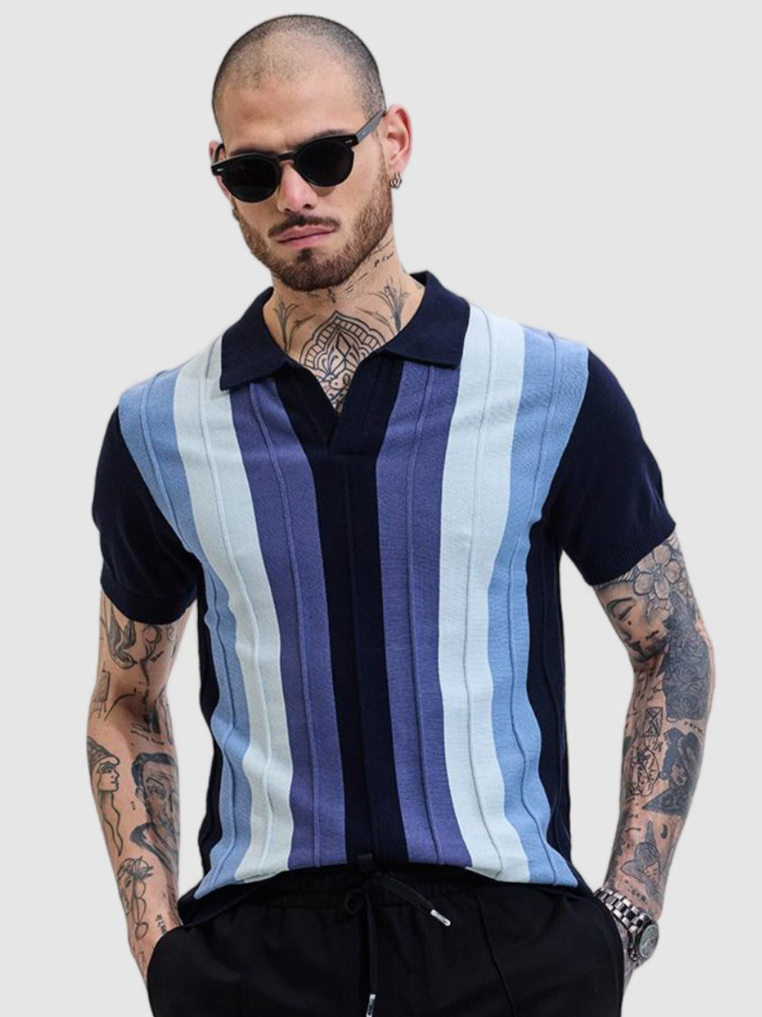 

Snitch Men Striped Polo Collar Slim Fit Cotton T-shirt, Navy blue
