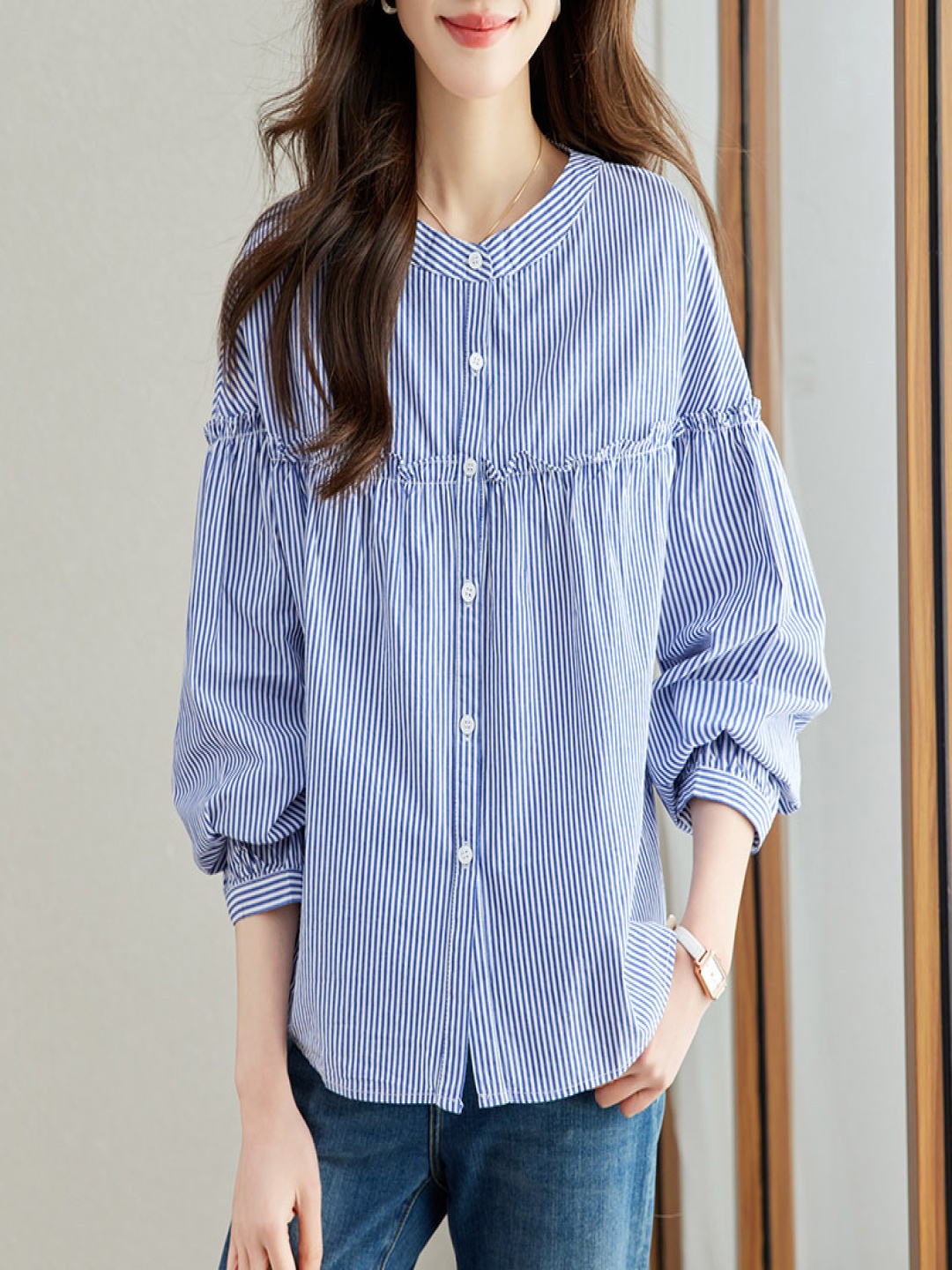 

StyleCast Women Vertical Striped Band Collar Cotton Casual Shirt, Blue