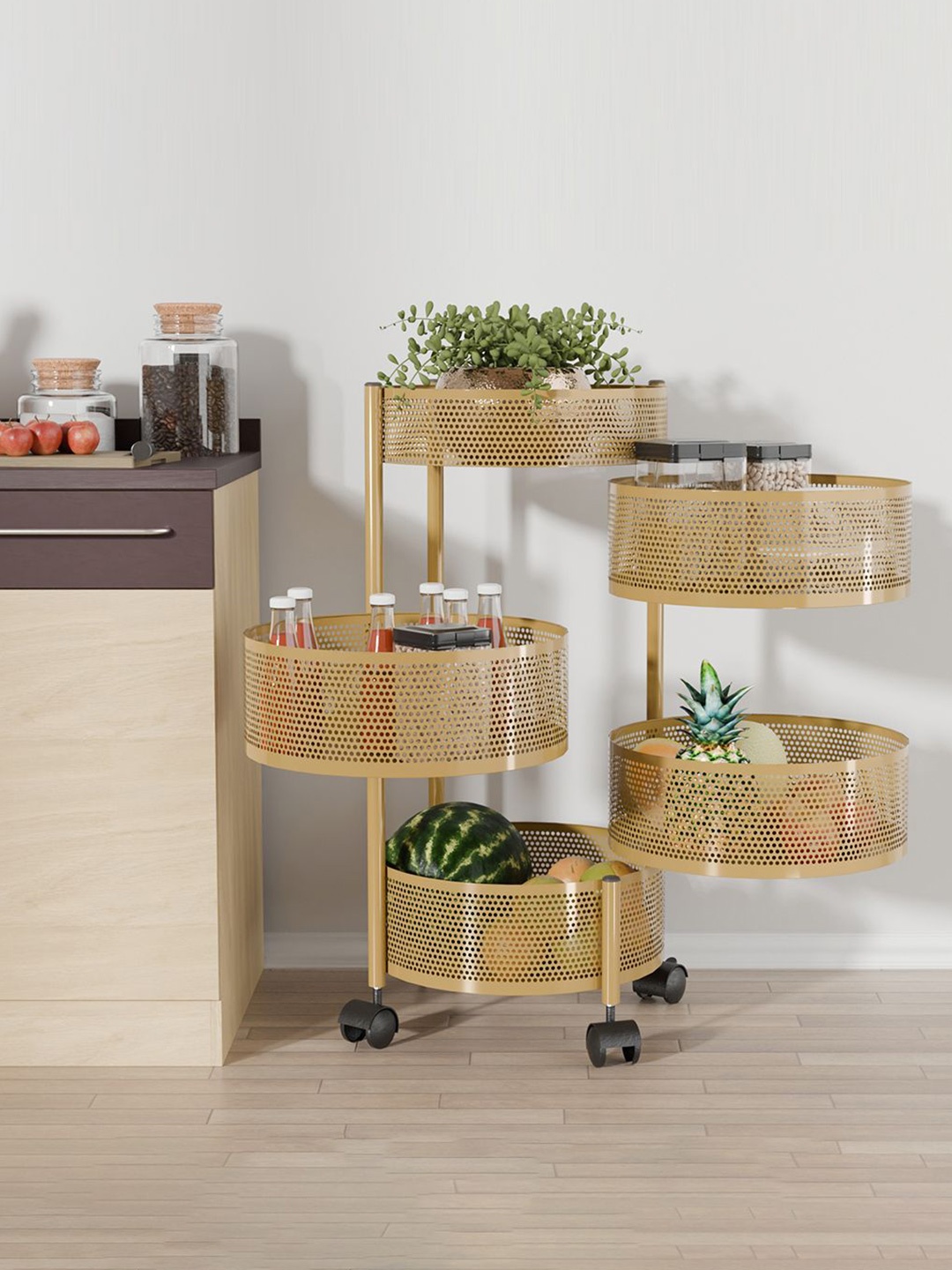 

Kuber Industries 4+1 Layer Kitchen Storage Rack with Wheels Unisex Gold Kitchen Trolley