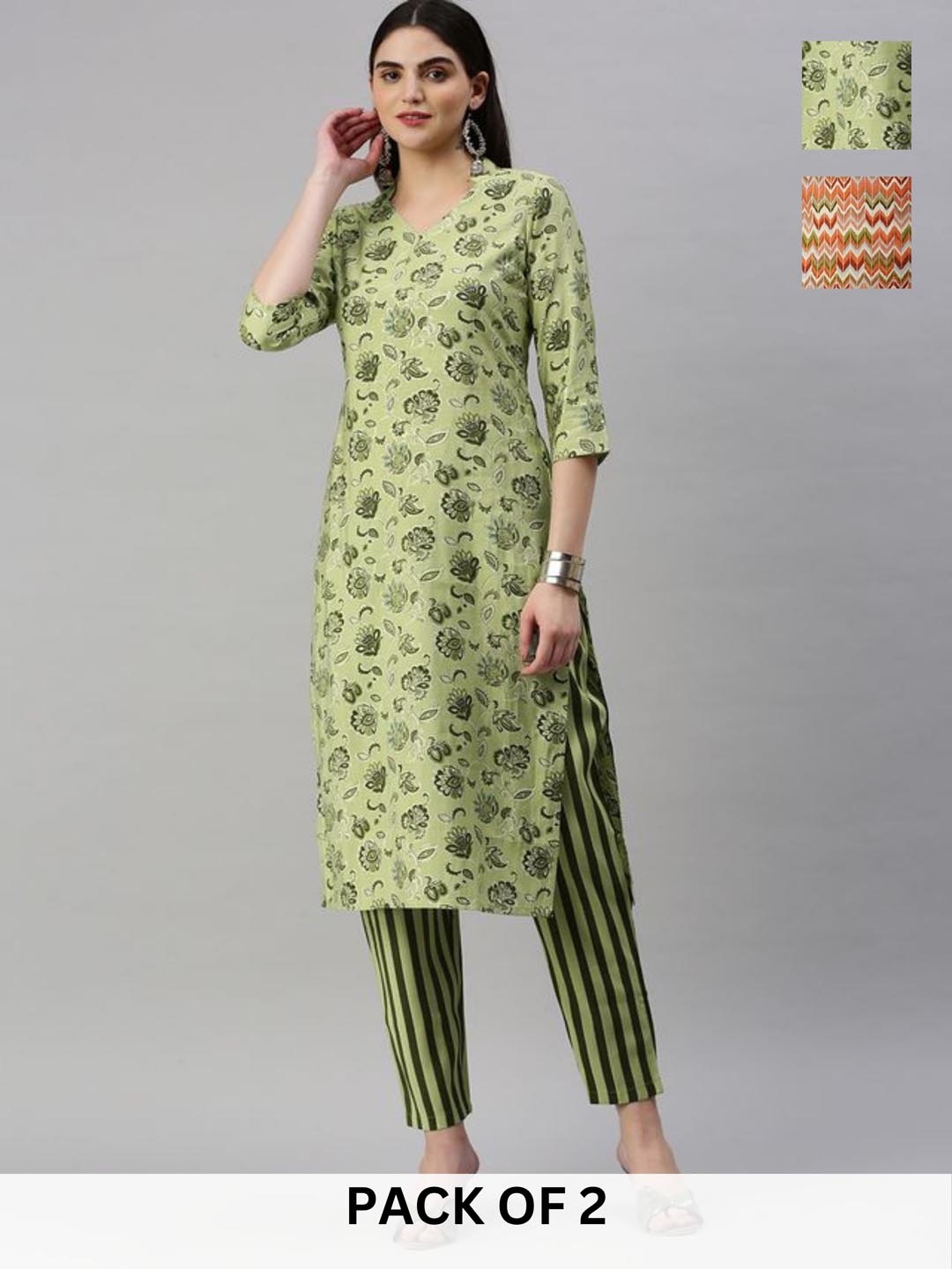 

KALINI Selection Of 2 Floral Printed Straight Kurta with Trousers, Green