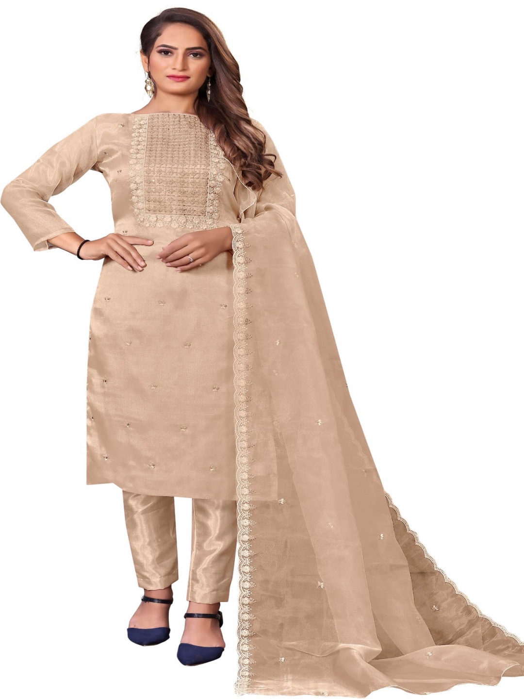 

Aika Floral Embroidered Sequinned Organza Unstitched Dress Material, Beige
