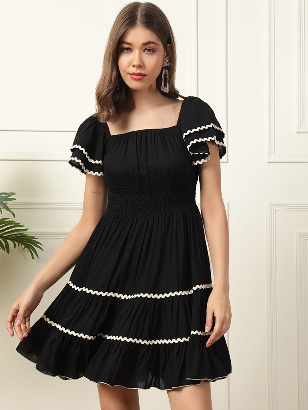 

DEEBACO Flared Sleeve Tiered Fit & Flare Dress, Black