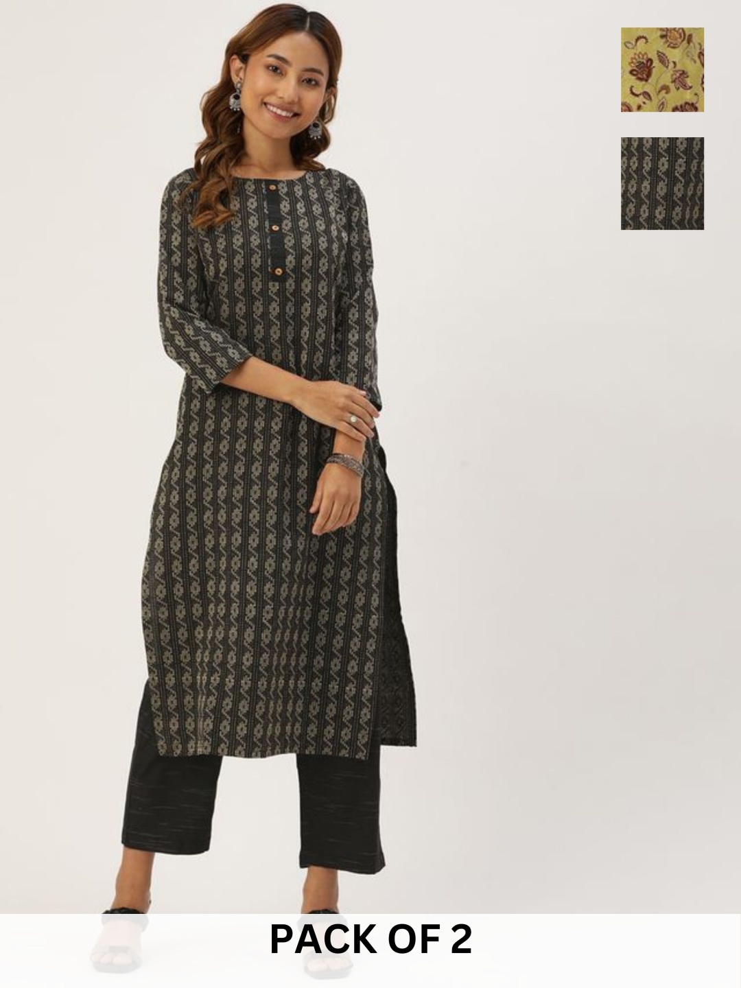 

KALINI Ethnic Motifs Printed Round Neck Kurta With Trouser, Black