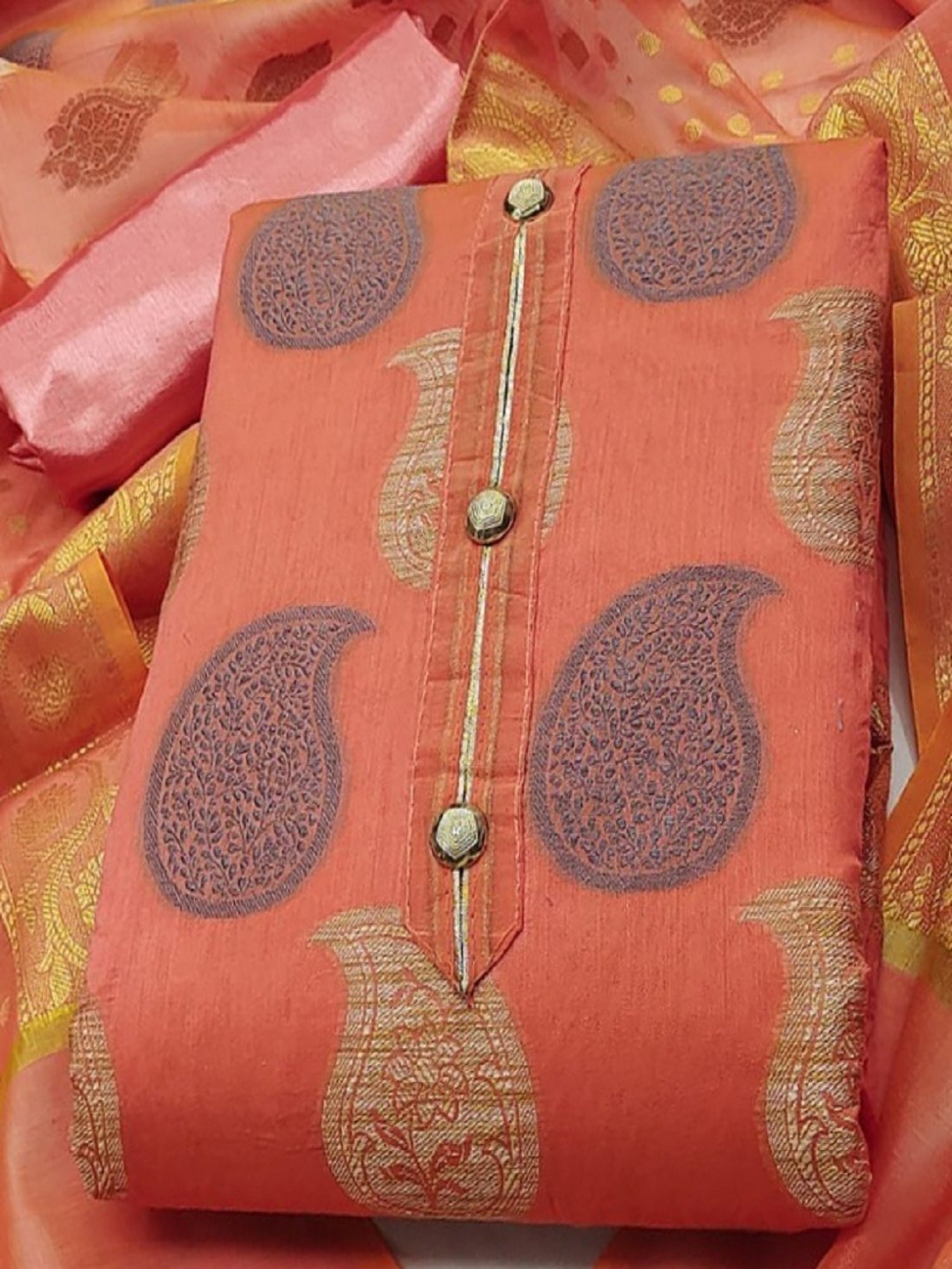 

Aika Jacquard Woven Design Paisley Embroidered Unstitched Dress Material, Orange