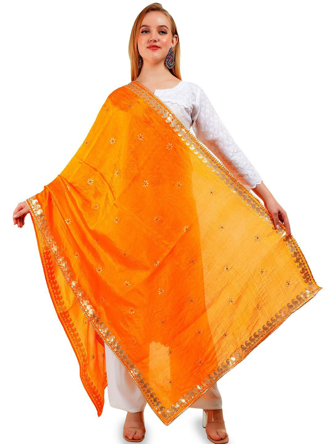 

Way2Like Floral Embroidered Gotta Patti Silk Wrap Shawl Scarf Hijab Dupatta, Yellow
