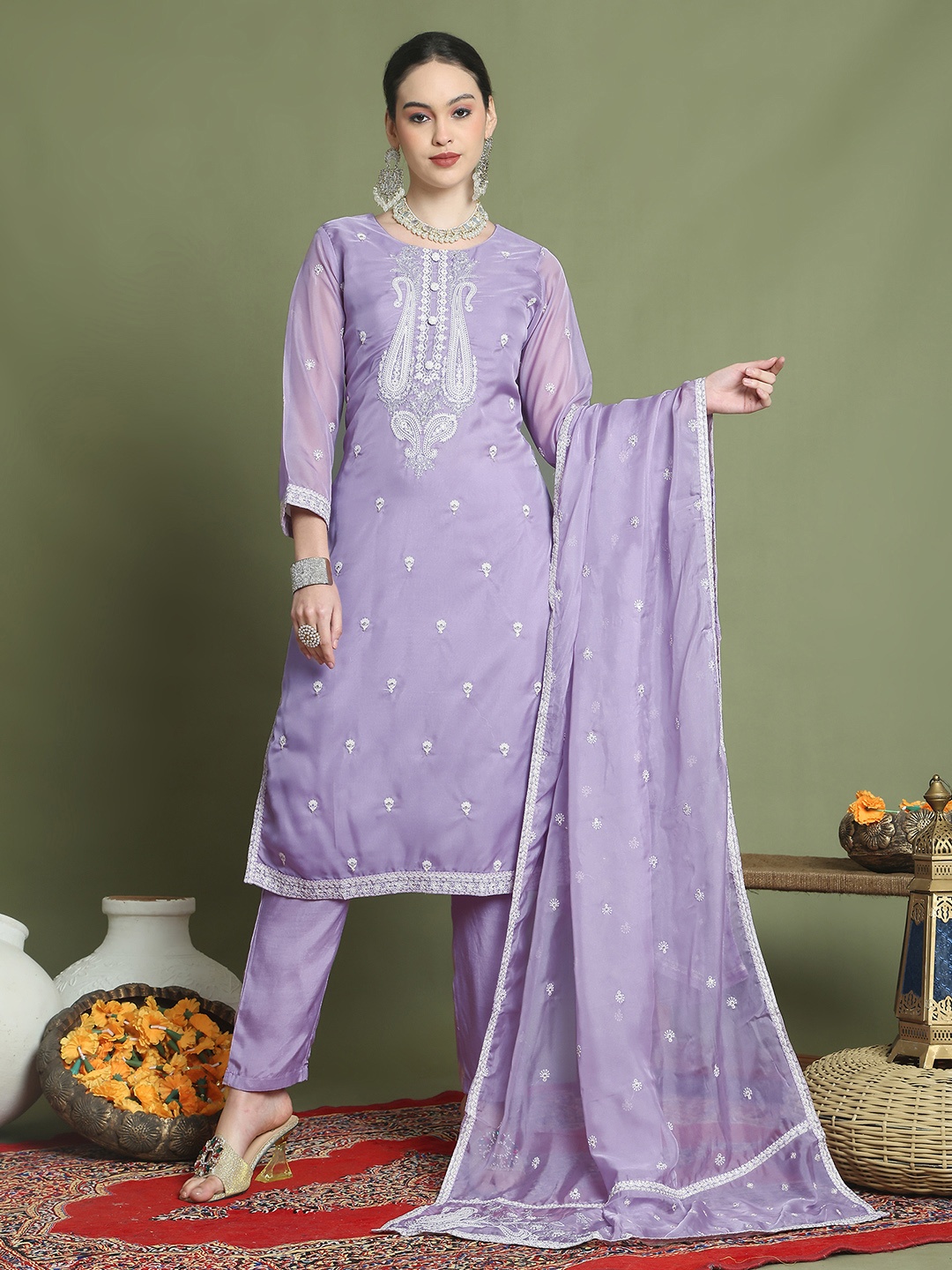 

Stylee LIFESTYLE Paisley Embroidered Round Neck Kurta With Trouser And Dupatta, Purple