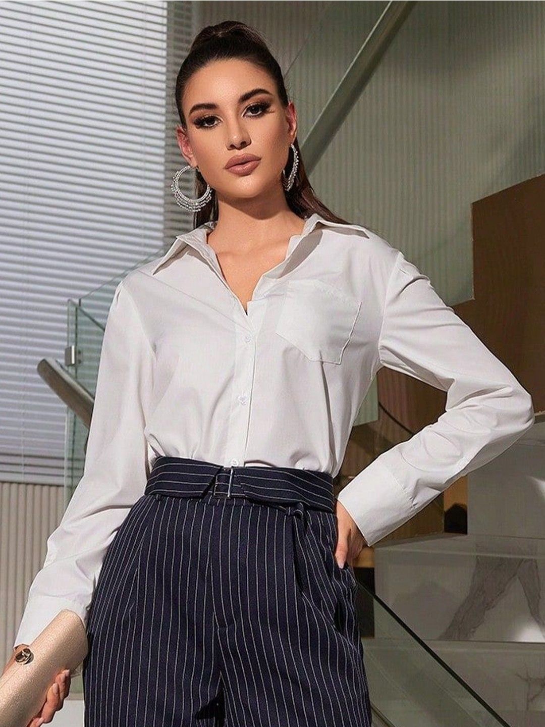 

NANCHI Women Comfort Boxy Fit Spread Collar Solid Cotton Casual Shirt, White