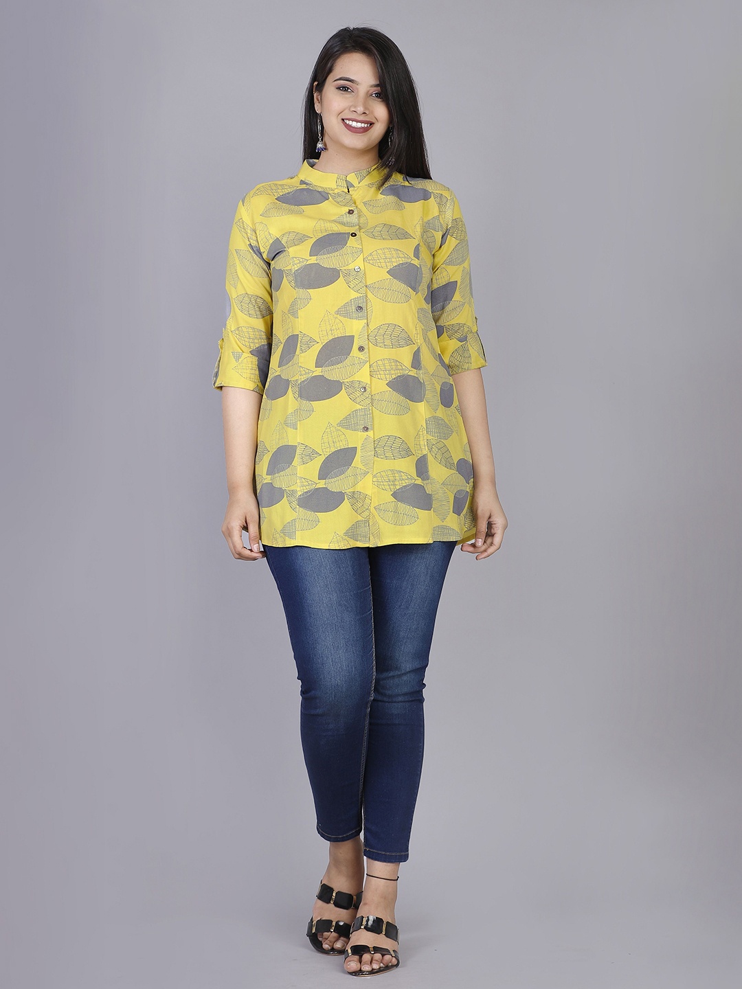 

AAFAMI Floral Printed Cotton Shirt Style Top, Yellow