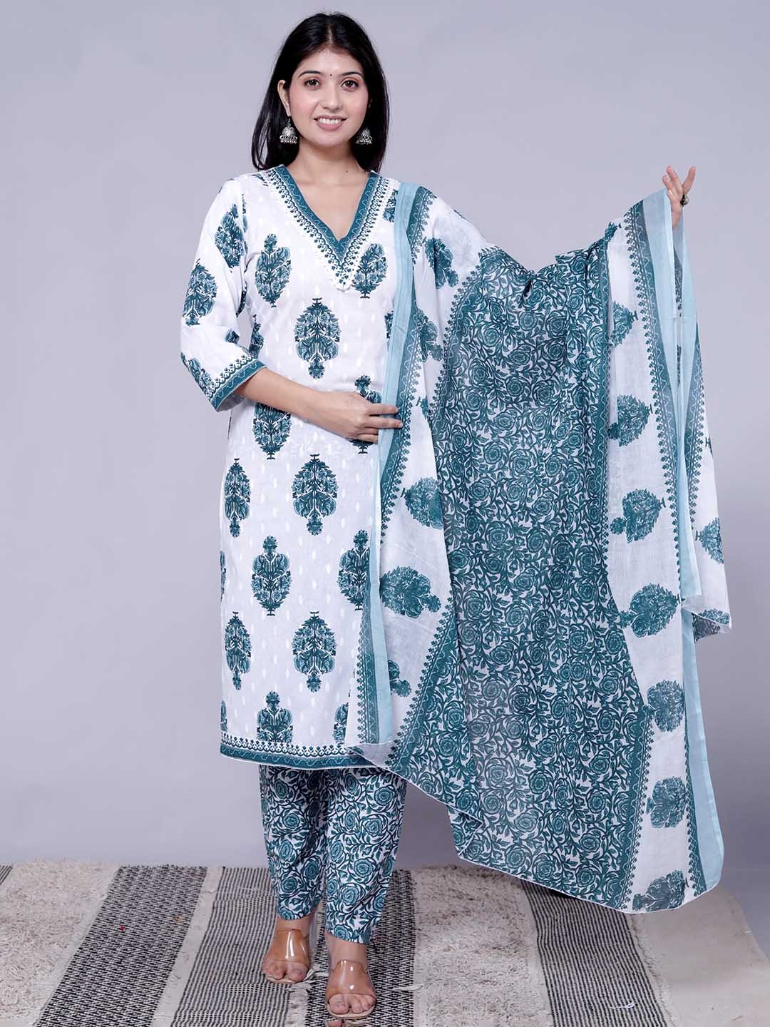 

KALINI Floral Printed V-Neck Pure Cotton Straight Kurta With Trouser & Dupatta, Teal