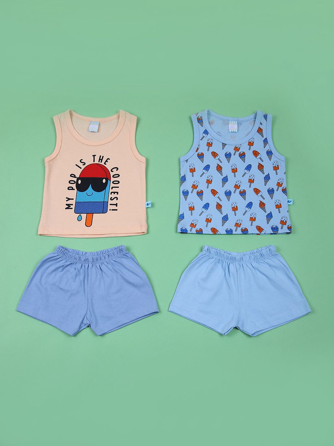 

V-Mart Boys Pack Of 2 Printed Sleeveless Pure Cotton T-Shirts With Shorts, Peach
