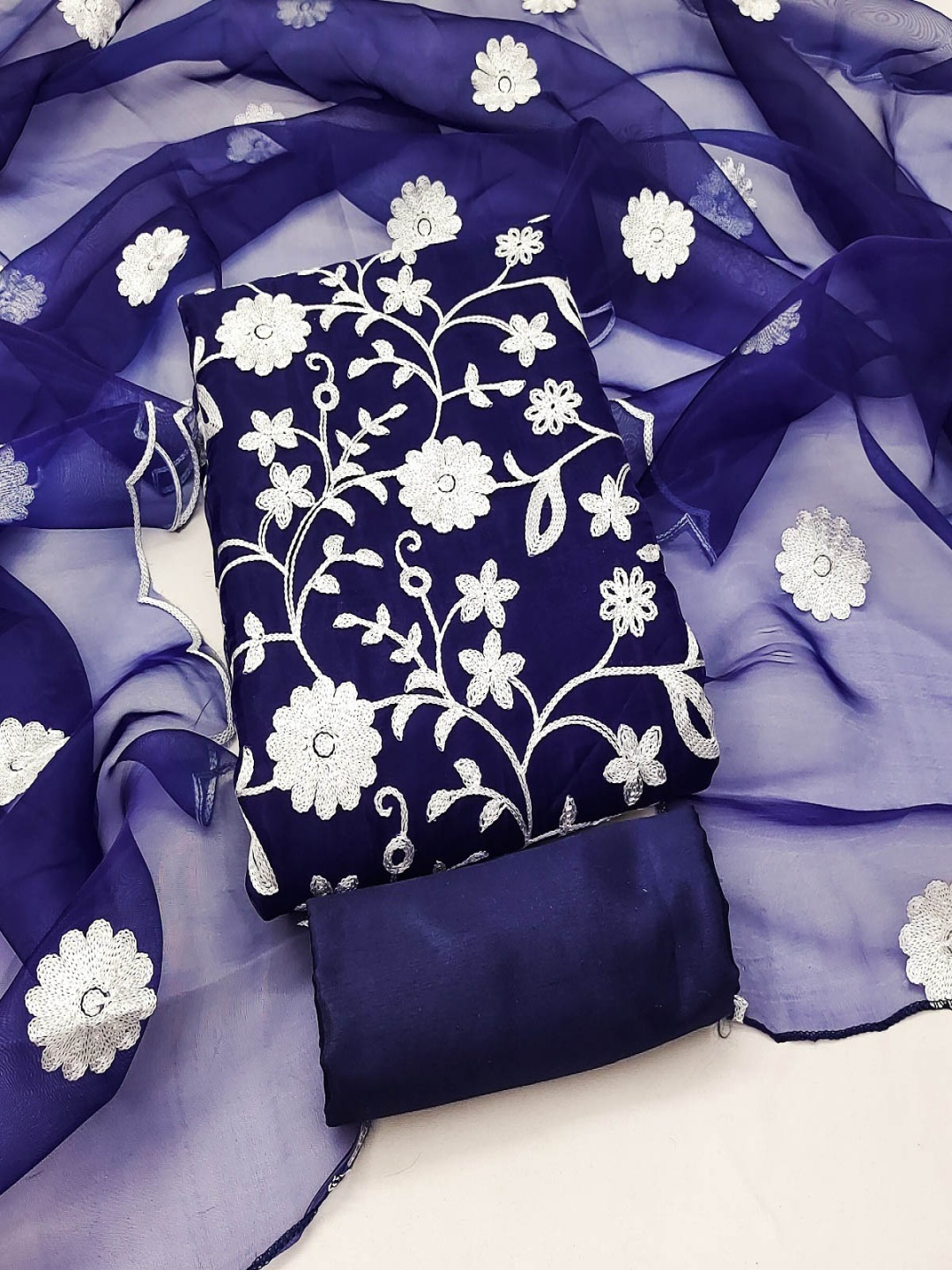 

Aika Floral Embroidered Organza Unstitched Dress Material, Blue