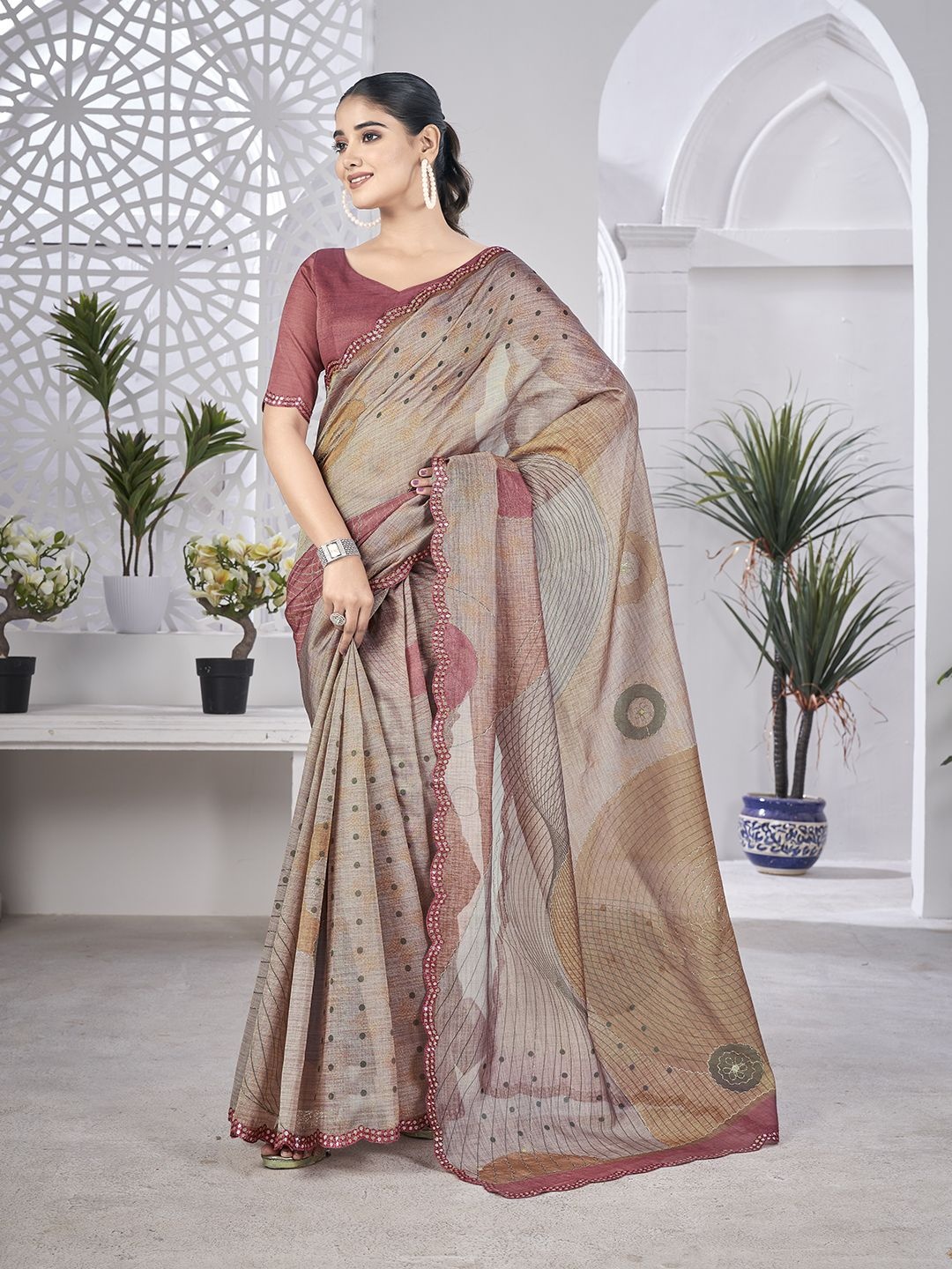 

all about you Geometric Printed Organza Saree, Pink