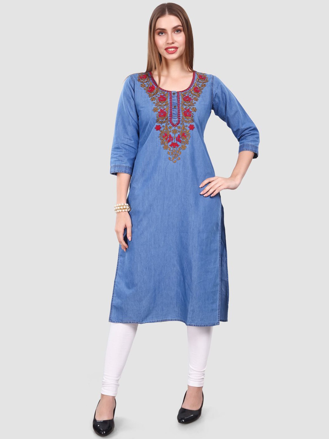 

SK Creation Floral Embroidered Thread Work Denim Straight Kurta, Blue