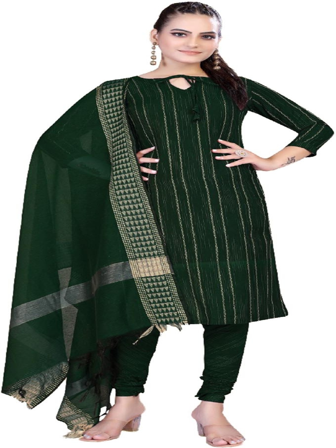 

Aika Striped Woven Design Jacquard Pure Cotton Unstitched Dress Material, Green