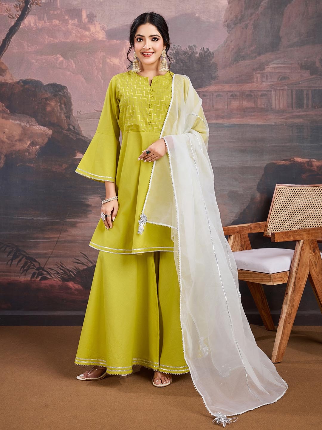 

House of Pataudi Thread Work Notch Neck Pure Cotton A-Line Kurta With Palazzos And Dupatta, Mustard