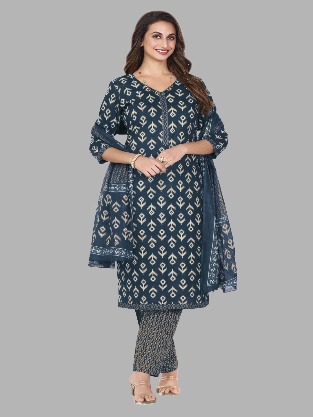 

shree jeenmata collection Women Ethnic Motifs Printed Regular Pure Cotton Kurta with Churidar & With Dupatta, Blue