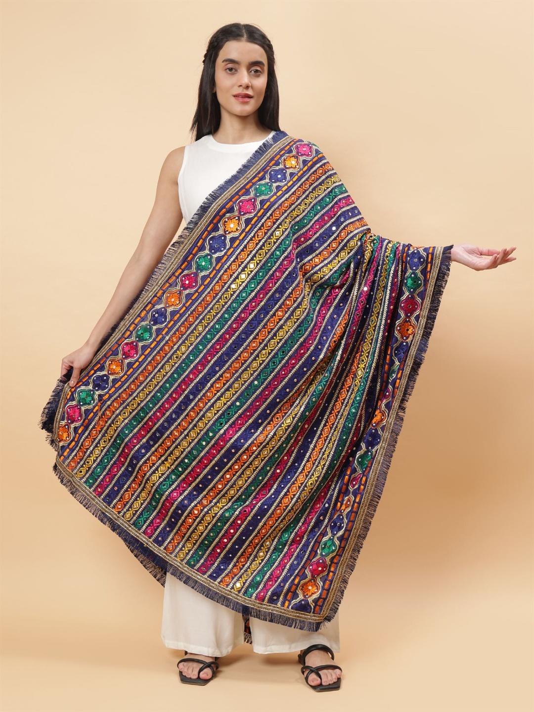 

Moda Chales Ethnic Motifs Embroidered Mirror Work Phulkari Dupatta, Navy blue
