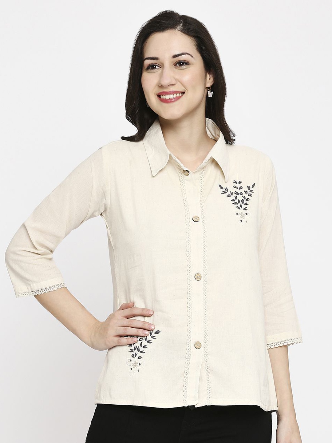 

Hitarth Fashion Women Floral Embroidered Lace Casual Khadi Shirt, Off white