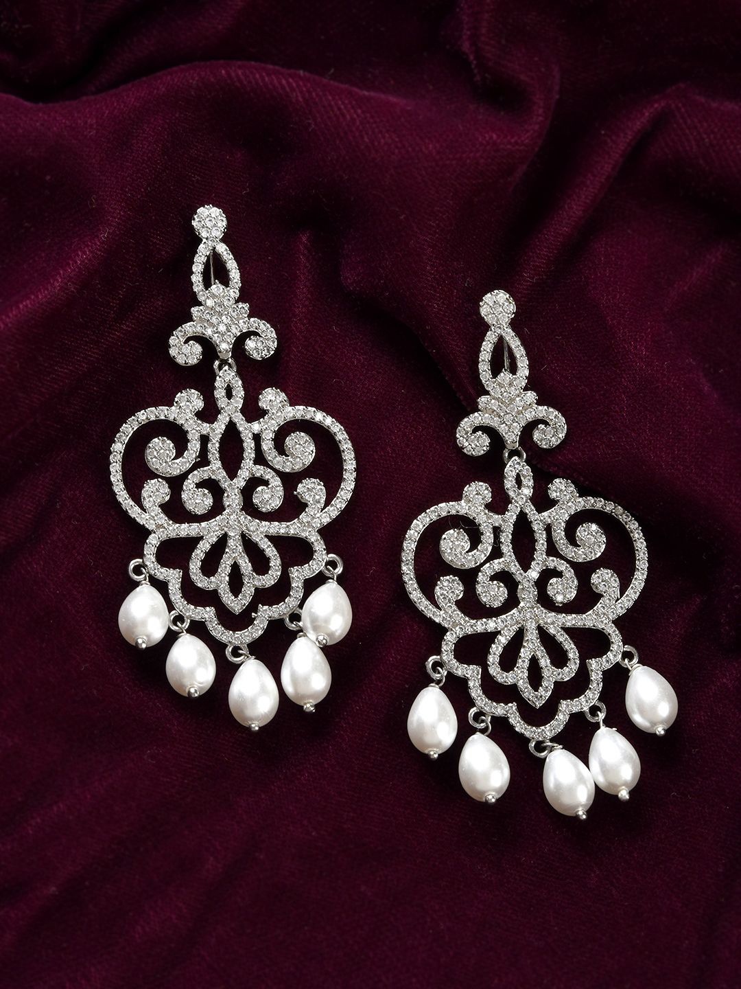 

Voylla Rhodium-Plated Brass American Diamond Floral Drop Earrings, Silver