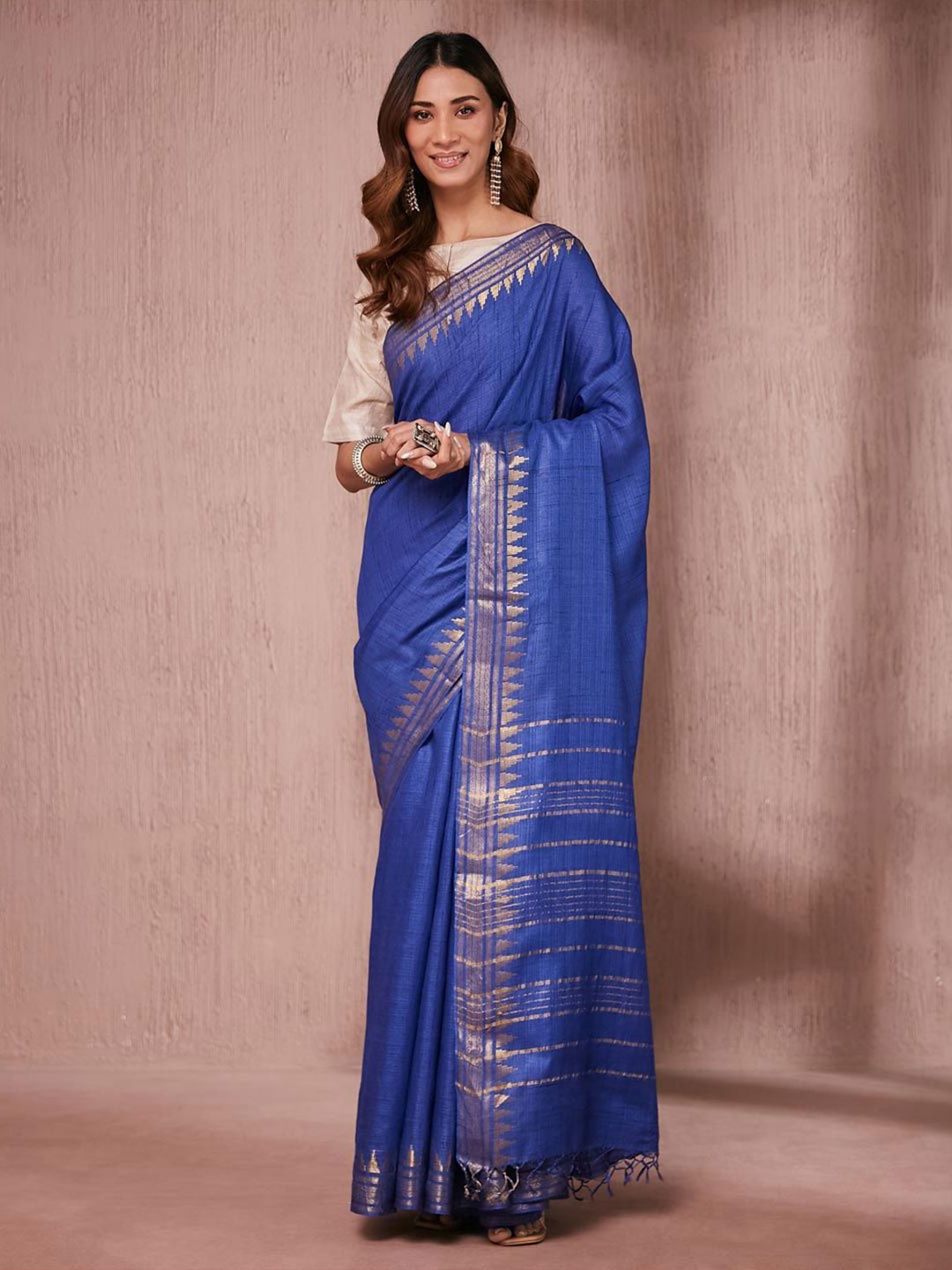 

Fabindia Ethnic Motifs Zari Silk Blend Saree, Blue