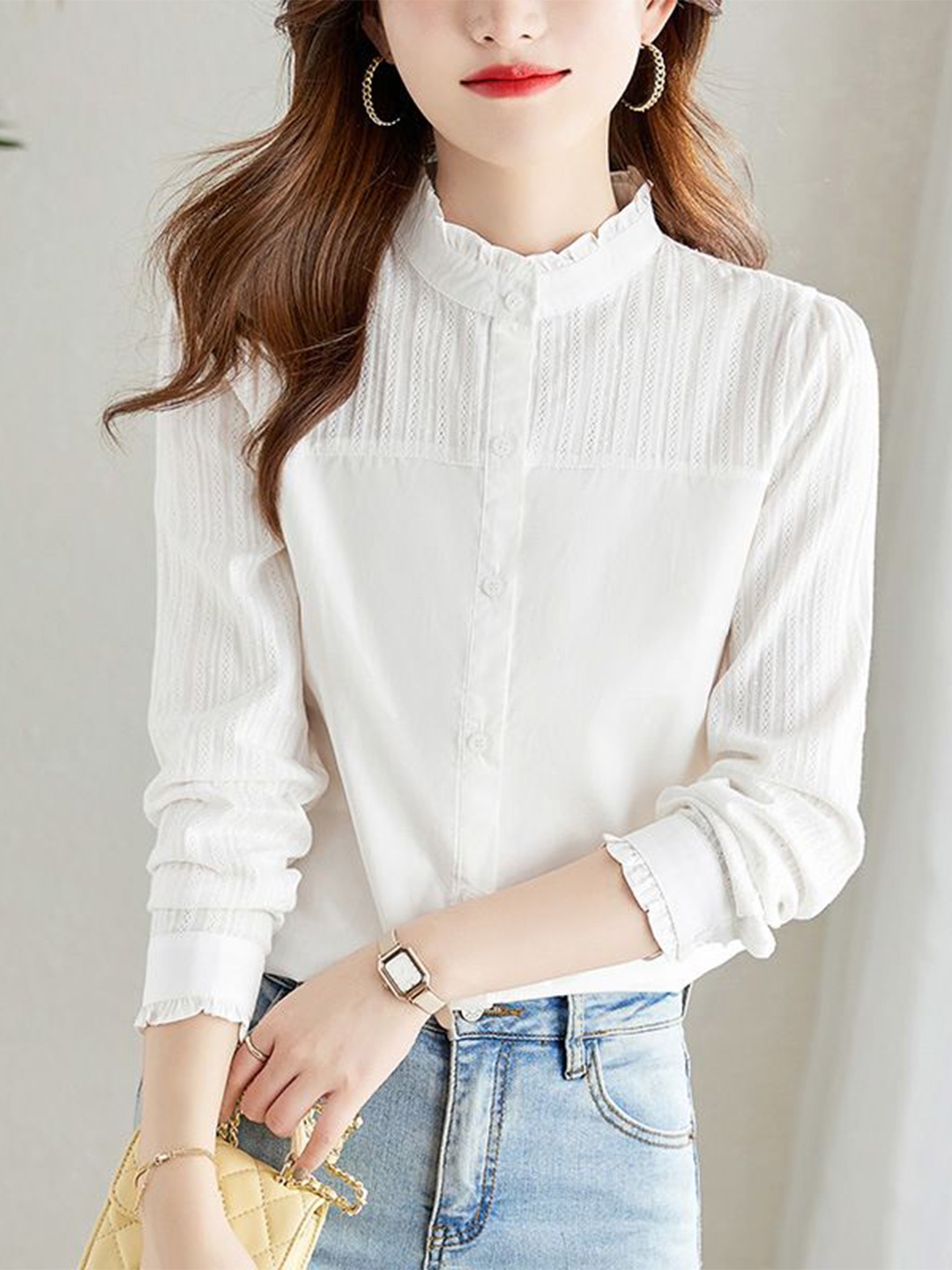 

StyleCast Women Self Design Band Collar Cotton Casual Shirt, White