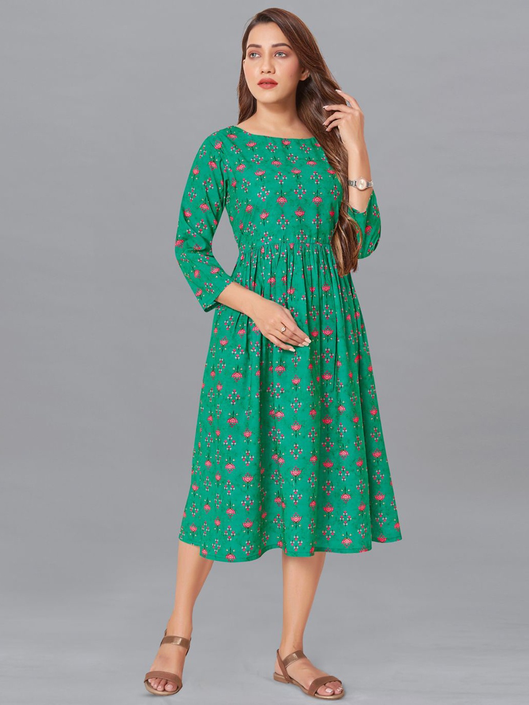 

BAESD Floral Print Chiffon A-Line Midi Dress, Green