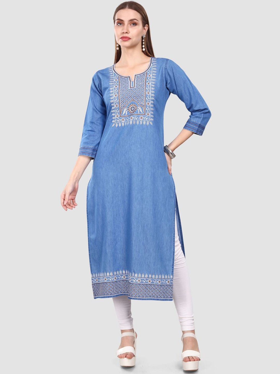 

SK Creation Women Ethnic Motifs Embroidered Denim Kurta, Blue