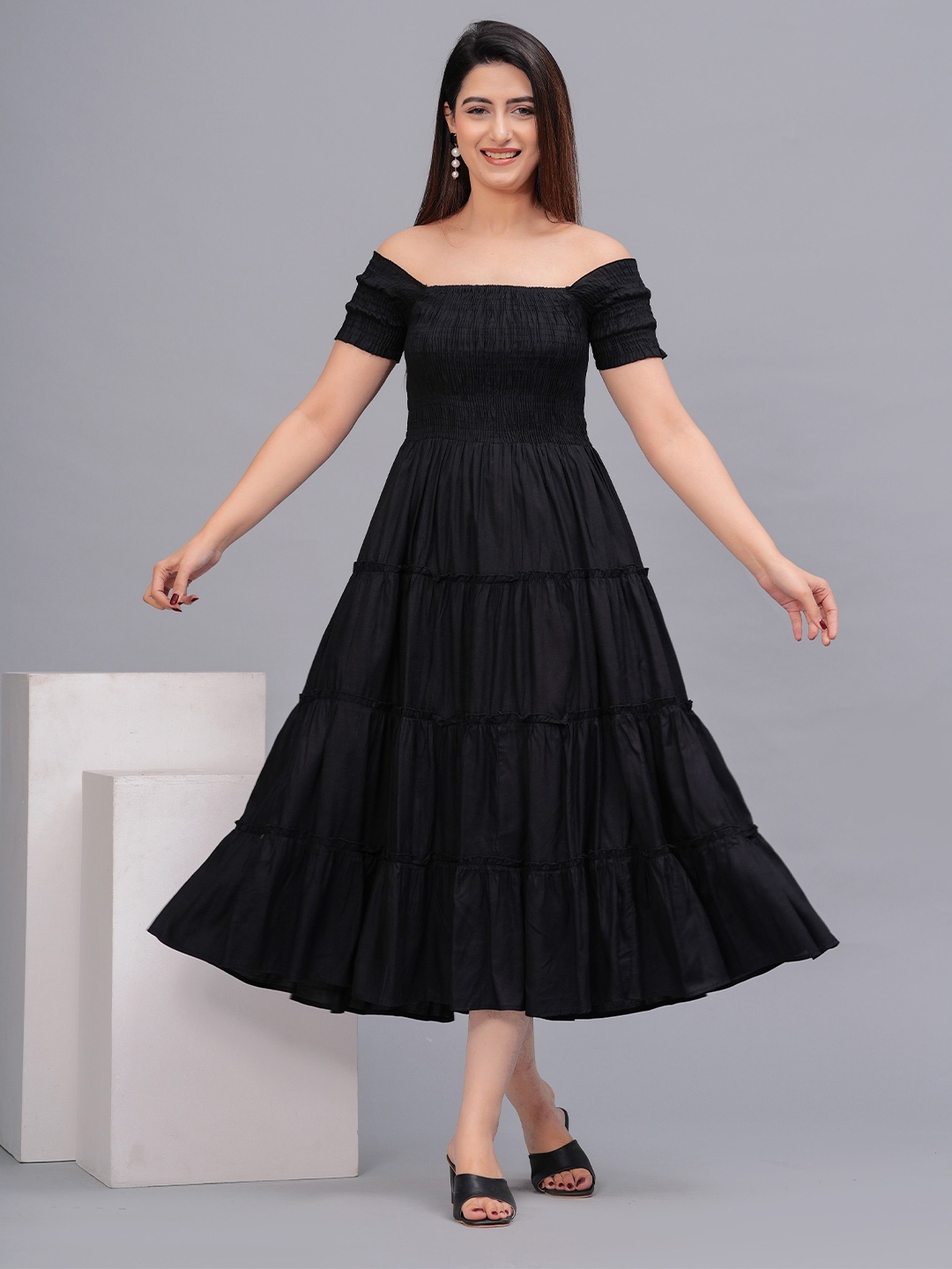 

Fmkcreation Tiered Fit & Flare Midi Dress, Black