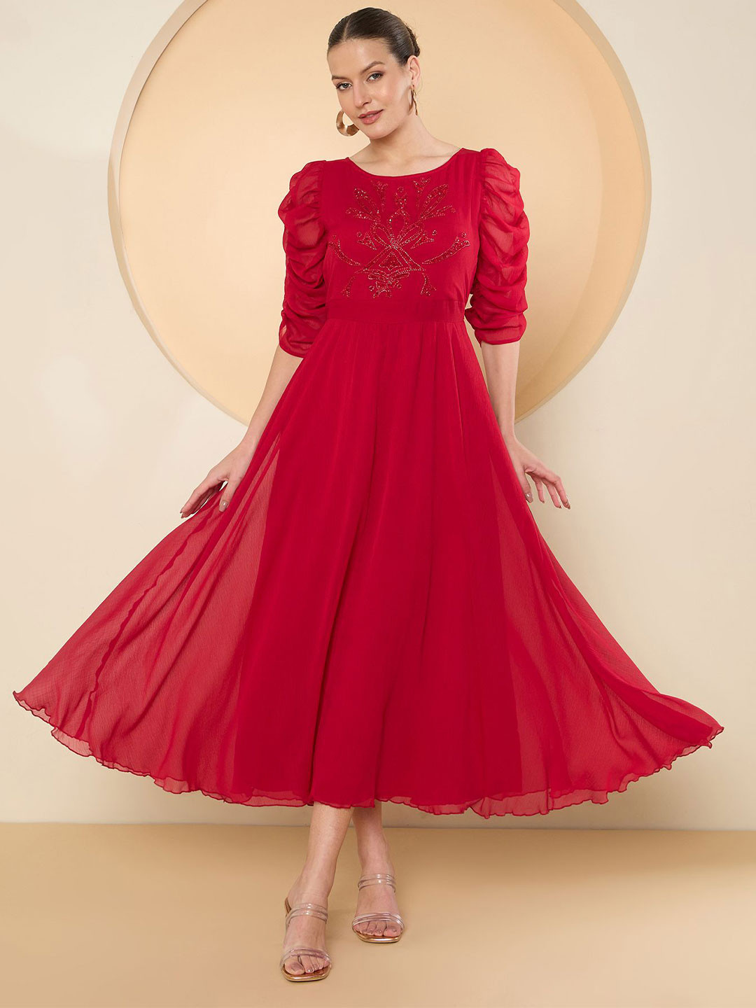 

Antheaa Puff Sleeve Chiffon Maxi Dress, Red