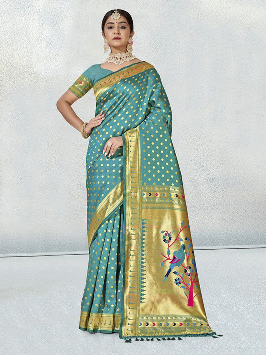 

sagarika Polka Dots Woven Design Zari Paithani Saree, Turquoise blue